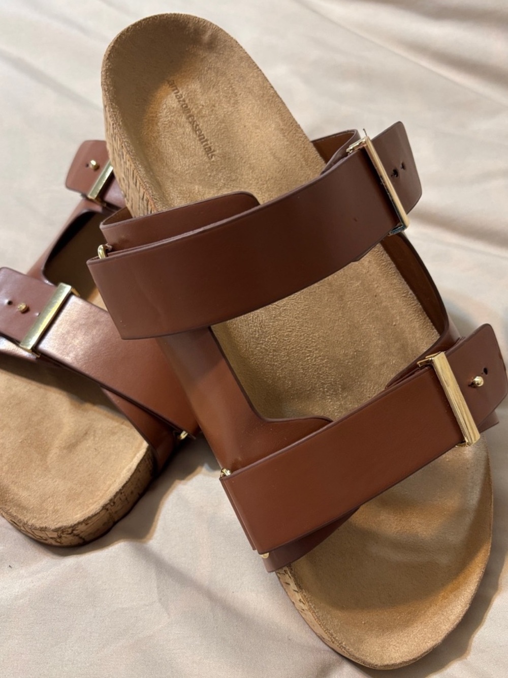 Amazon Essentials Brown Double-Strap Slide Sandals with Gold Buckles
Size 10